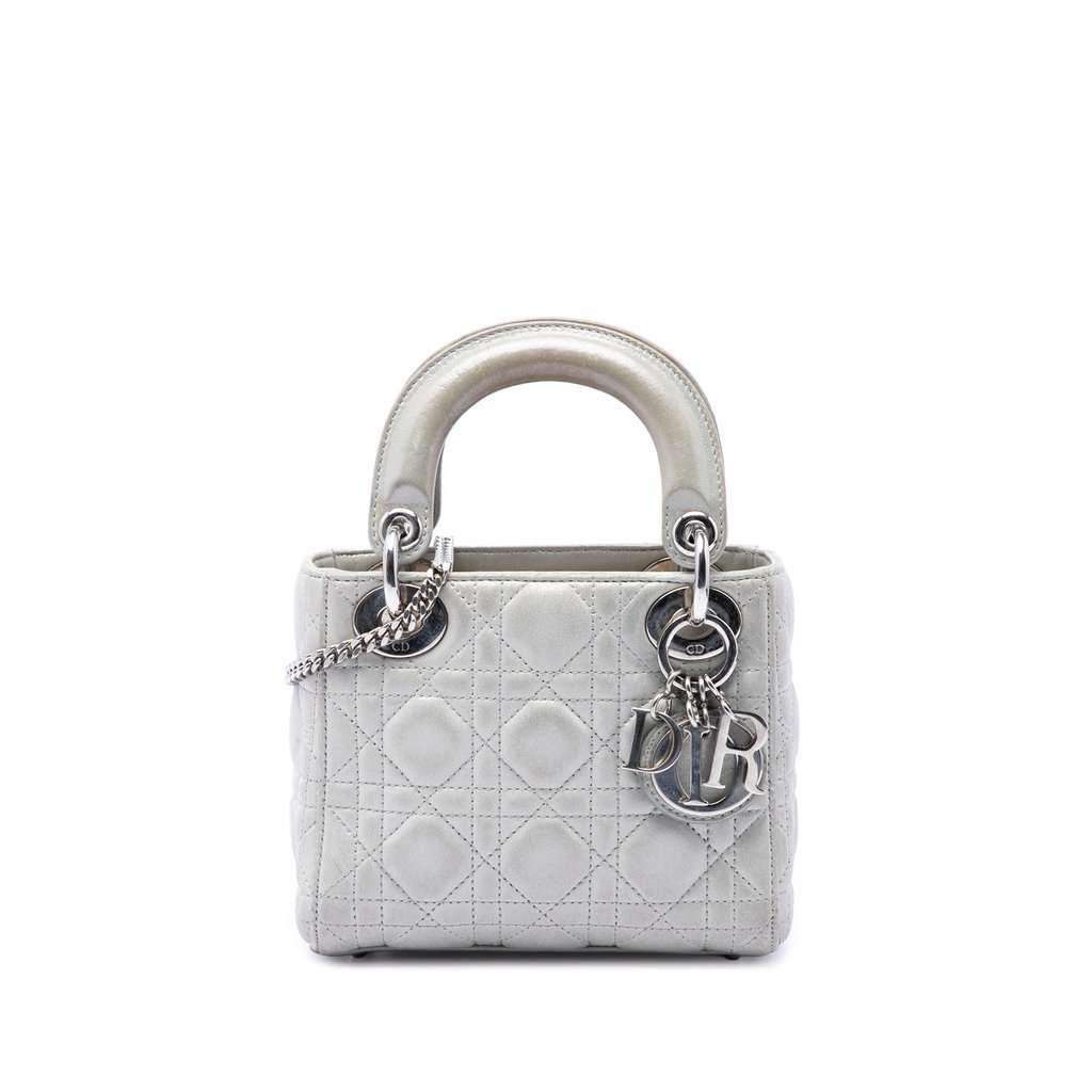 Dior Mini Iridescent Lambskin Cannage Lady Dior Silver Leather Very good condition - Front View