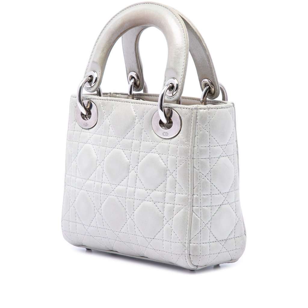 Dior Mini Iridescent Lambskin Cannage Lady Dior Silver Leather Very good condition - Back View