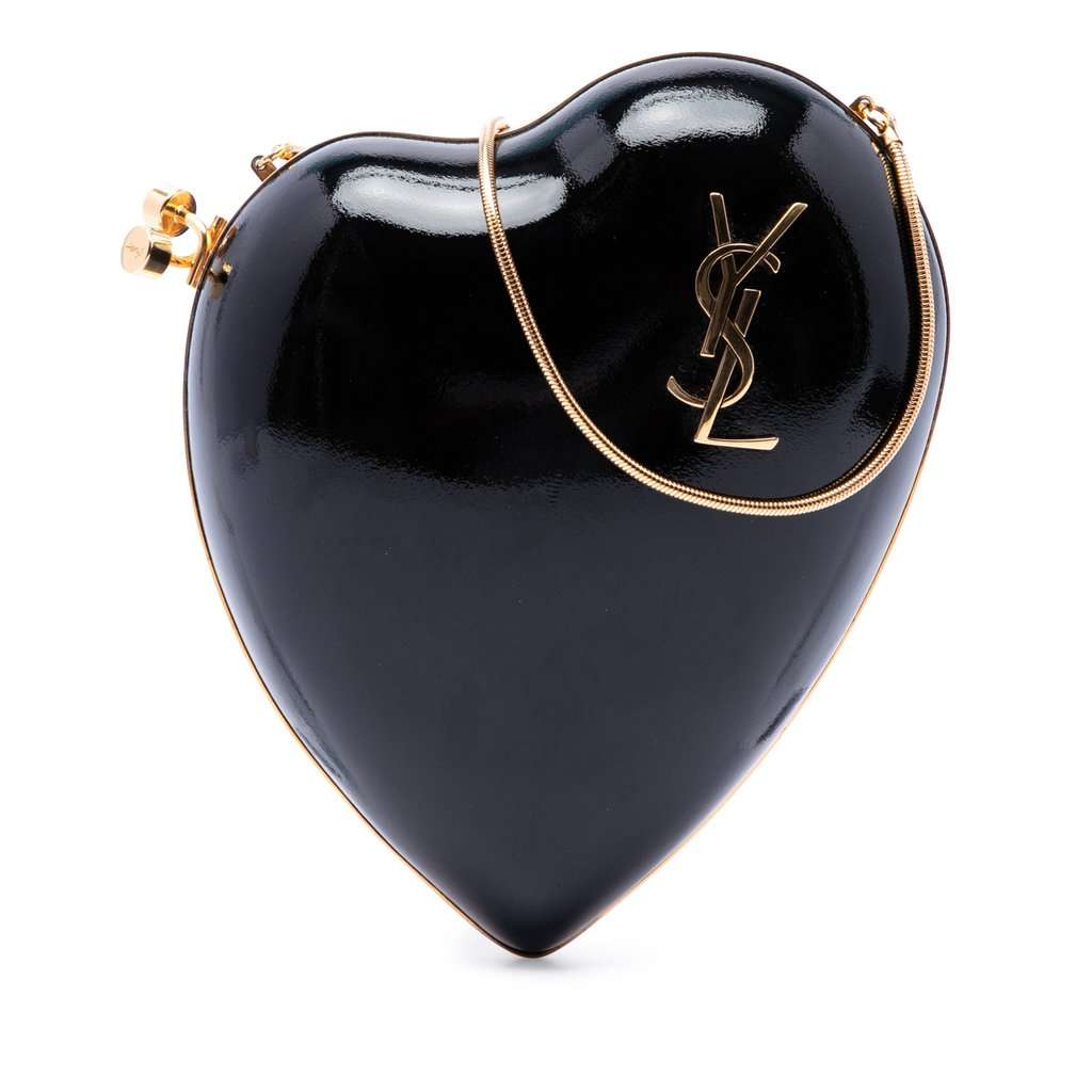 Saint Laurent Patent Love Box Chain Clutch Black Leather Very good - Front View