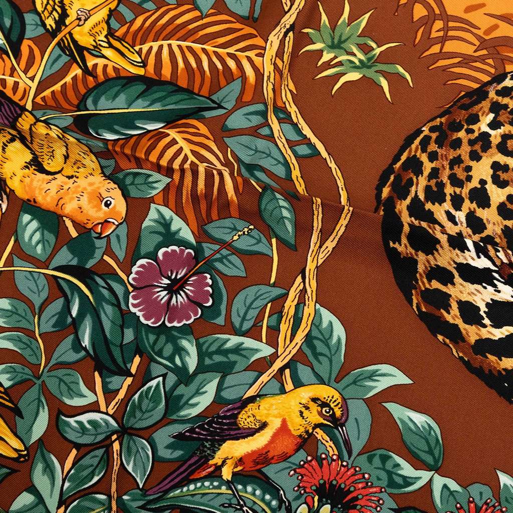 Hermès Jungle Love Silk Scarf 90 Brown Very good condition - Box View
