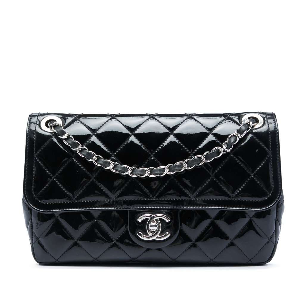 Chanel Medium Patent Coco Shine Flap Black Leather Very good - Front View
