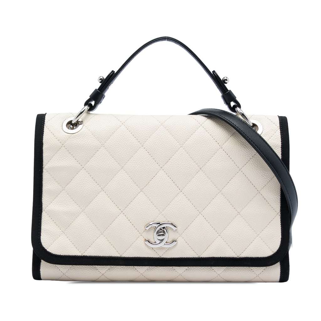 Chanel CC Bicolor Quilted Caviar and Grosgrain Top Handle Flap White Leather Very good - Front View