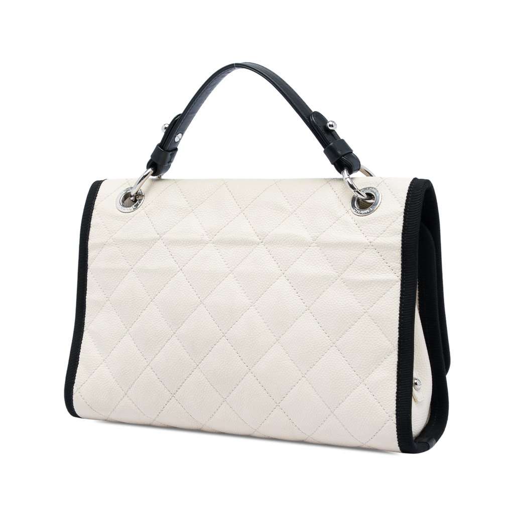 Chanel CC Bicolor Quilted Caviar and Grosgrain Top Handle Flap White Leather Very good - Back View