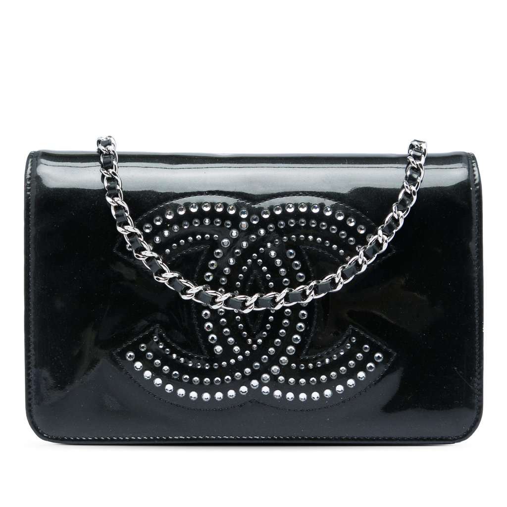 Chanel CC Patent Strass Embellished Wallet On Chain Black Leather Very good condition - Front View