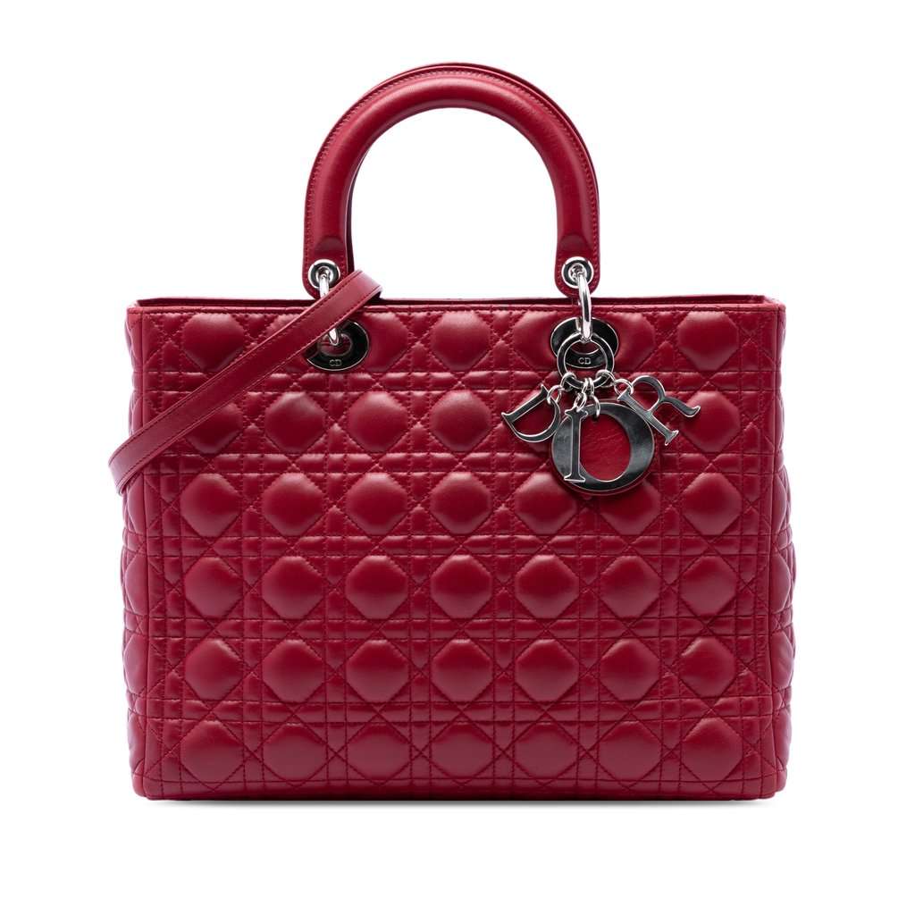 Dior Large Lambskin Cannage Lady Dior Red Leather Very good condition - Front View