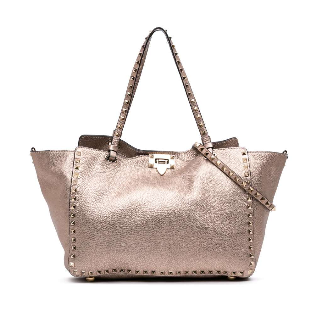Valentino Medium Metallic Leather Rockstud Trapeze Satchel Gold Leather Very good - Front View