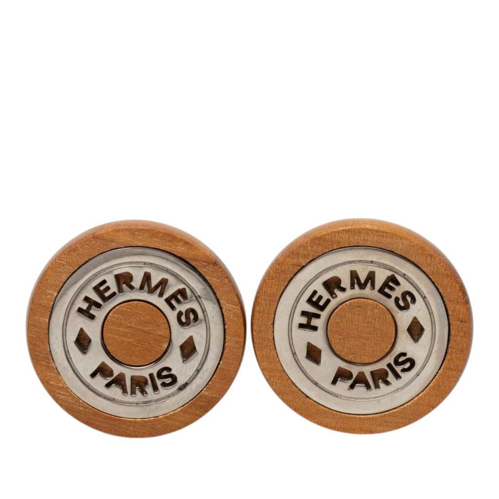 Hermès Wood and Palladium Sellier Clip On Earrings Brown Very good - Front View