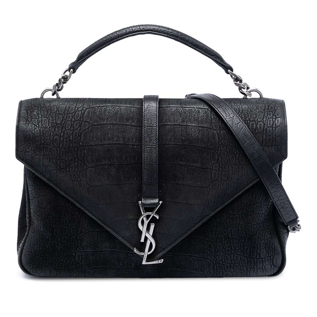 Saint Laurent Large Croc Embossed Nubuck Monogram College Satchel Black Leather Very good - Front View
