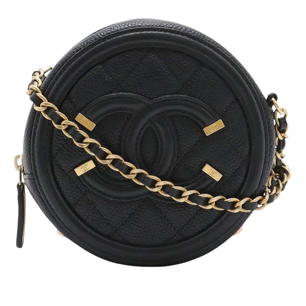 Chanel Caviar CC Filigree Round Clutch with Chain Black Leather Very good condition - Front View