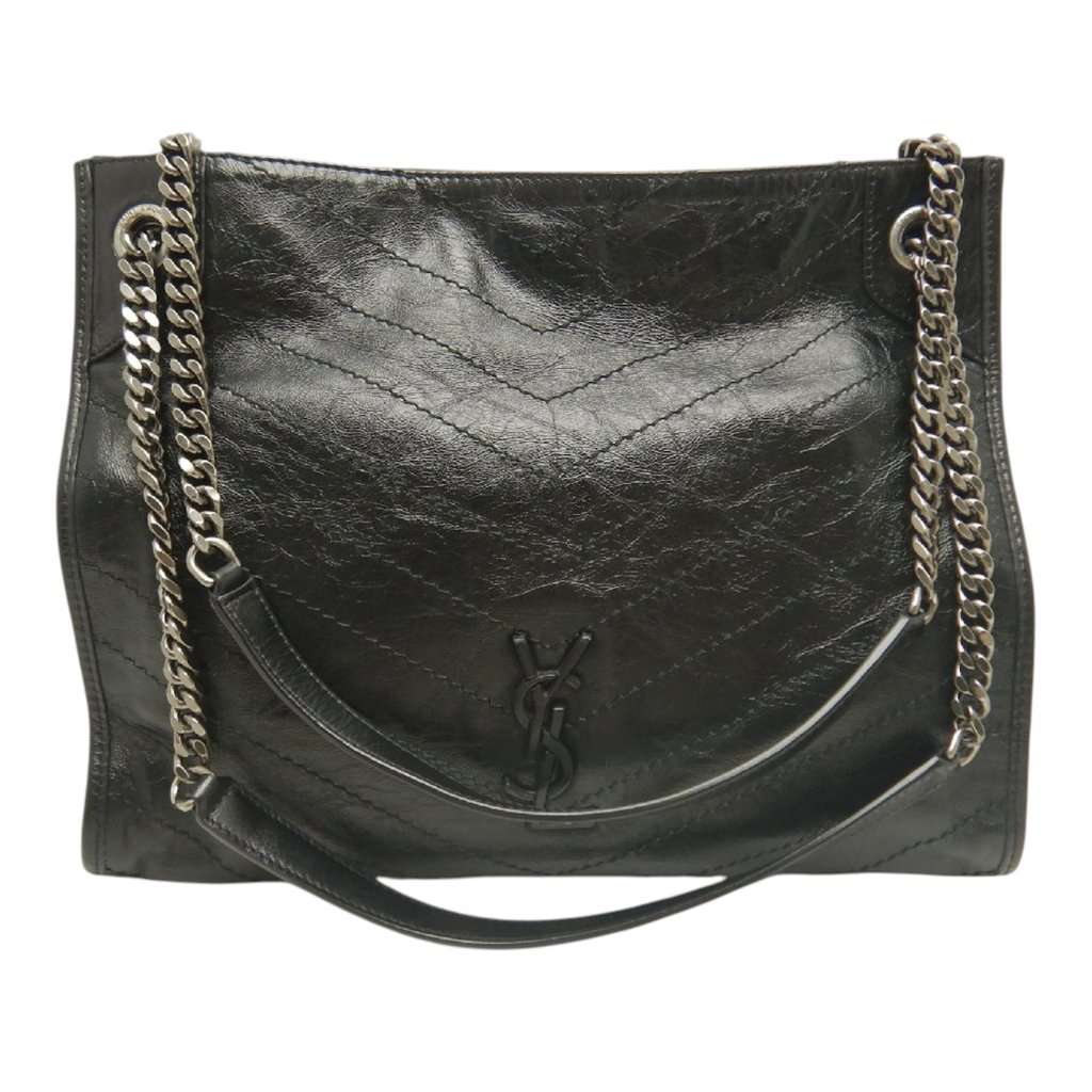 Saint Laurent Medium Crinkled Calfskin Monogram Niki Shopper Tote Black Leather Very good condition - Front View