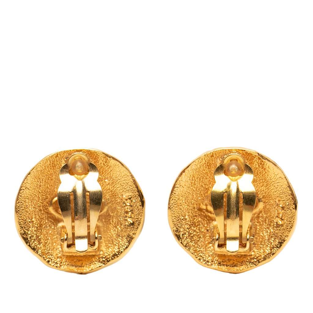 Chanel CC Gold Plated Lion Round Clip On Earrings Gold Metal Very good condition - Back View