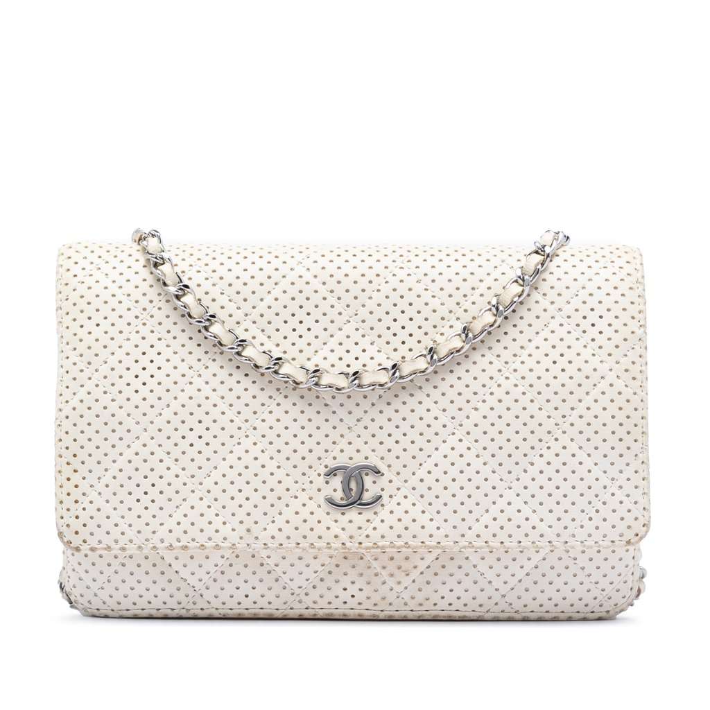 Chanel CC Quilted Perforated Lambskin Wallet On Chain White Leather Very good - Front View