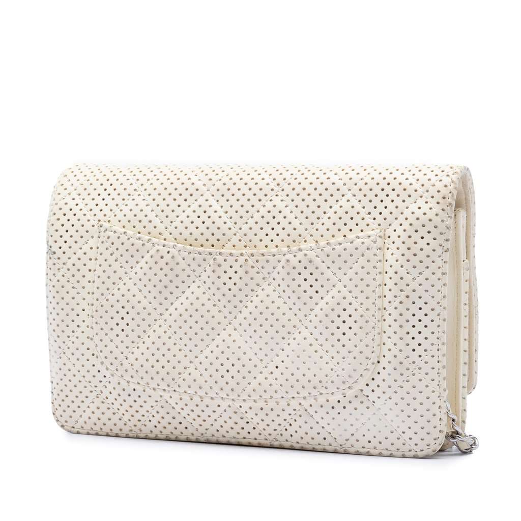 Chanel CC Quilted Perforated Lambskin Wallet On Chain White Leather Very good - Back View