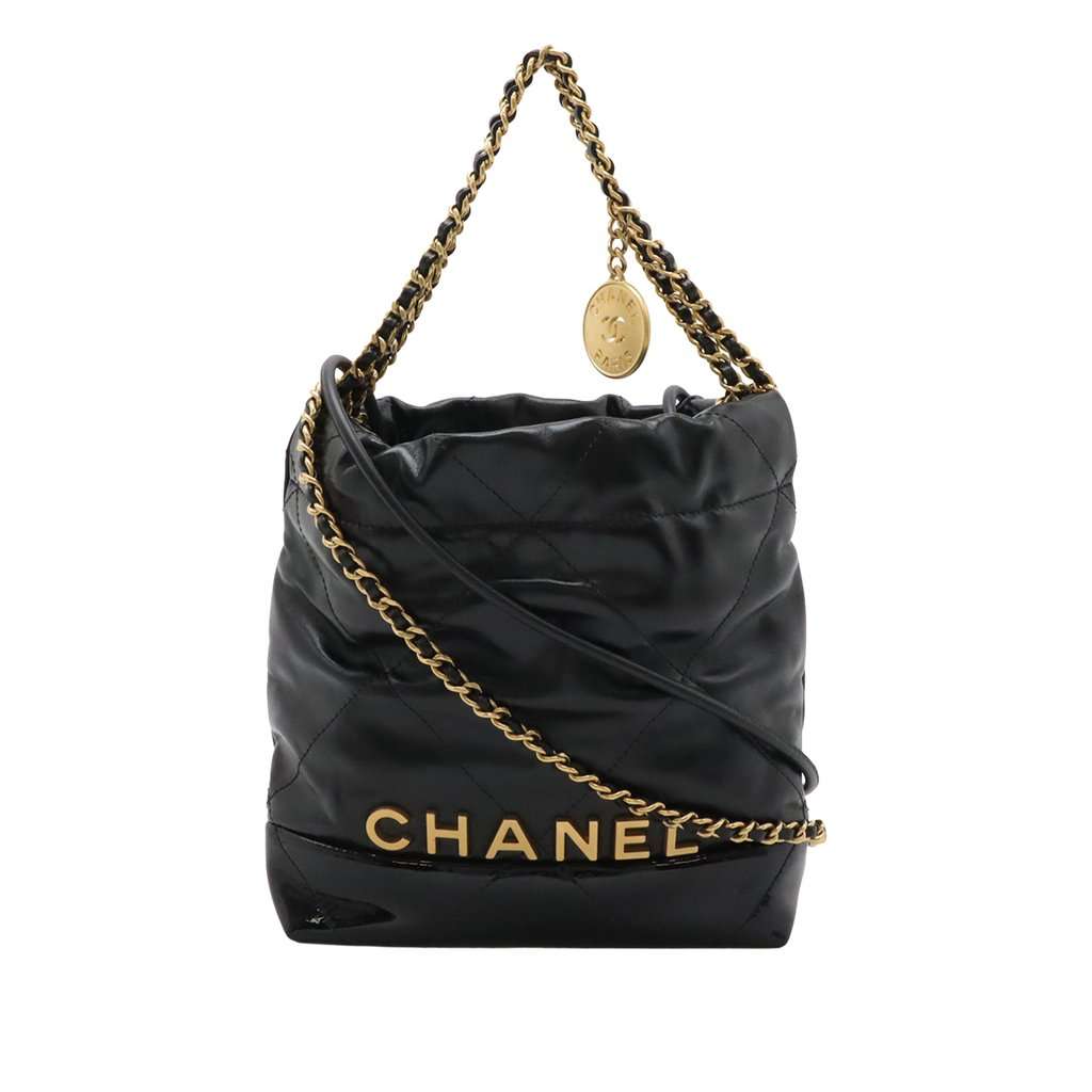 Chanel Mini Shiny Calfskin and Patent 22 Handbag Black Leather Very good - Front View