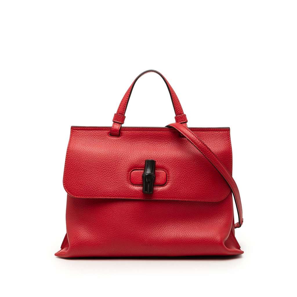Gucci Medium Calfskin Bamboo Daily Satchel Red Leather Very good - Front View