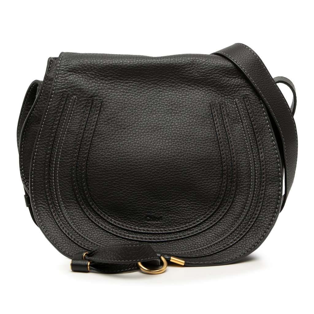 Chloé Medium Grained Calfskin Marcie Saddle Crossbody Black Leather Very good - Front View