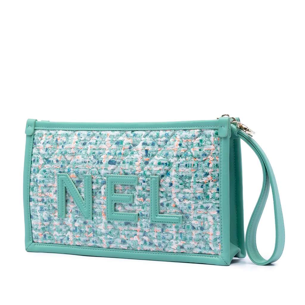 Chanel Quilted Tweed PVC Logo Wristlet Clutch Blue Very good condition - Back View