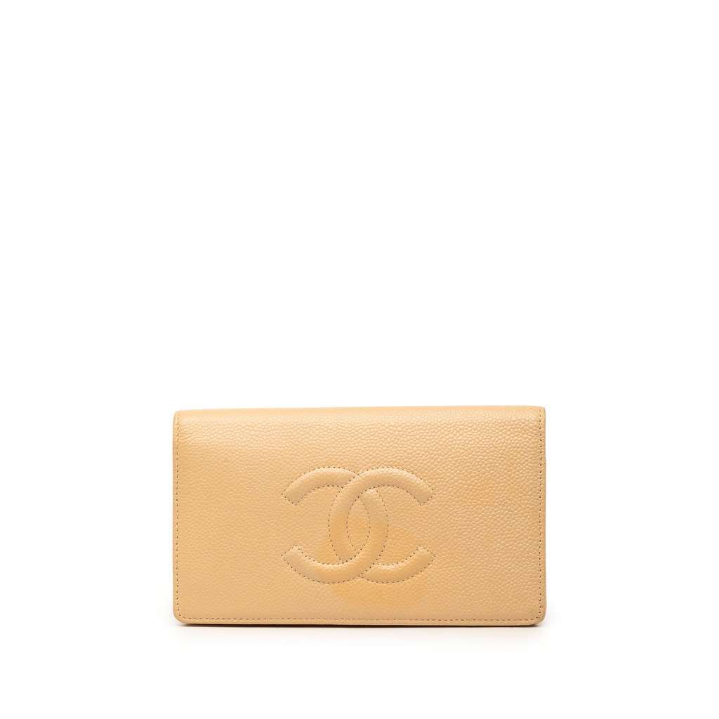 Chanel CC Caviar Bifold Long Wallet Beige Leather Very good - Front View