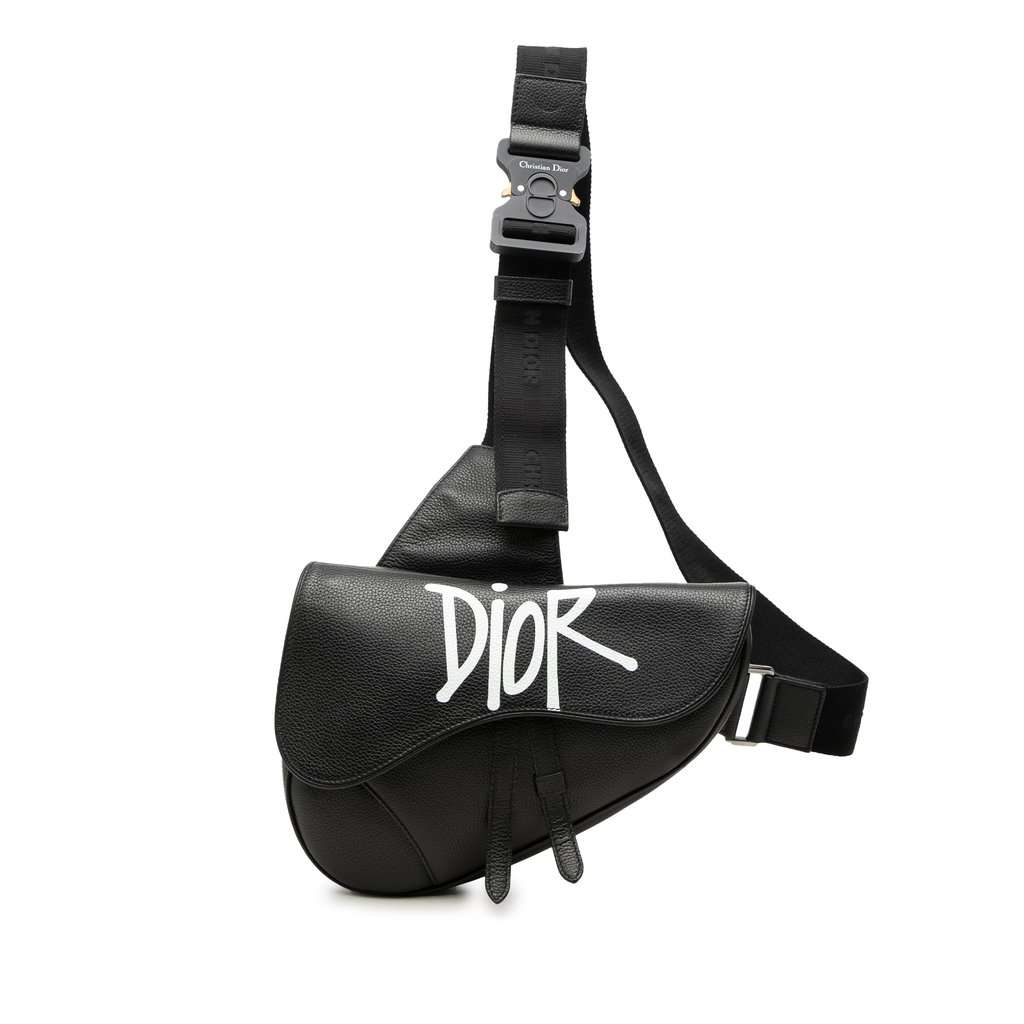 Dior Shawn Stussy Grained Calfskin Saddle Bag Black Leather Very good - Front View