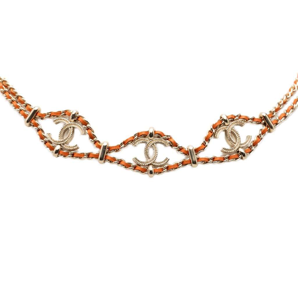 Chanel CC Gold Plated Leather Woven Wrap Choker Necklace Gold Metal Very good - Box View