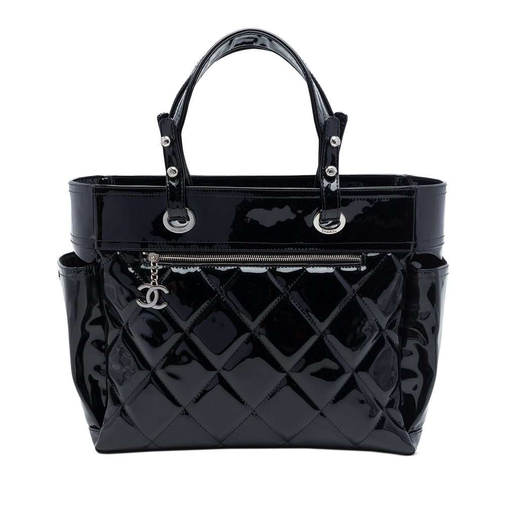Chanel Large Quilted Patent Paris Biarritz Tote Black Leather Very good - Front View