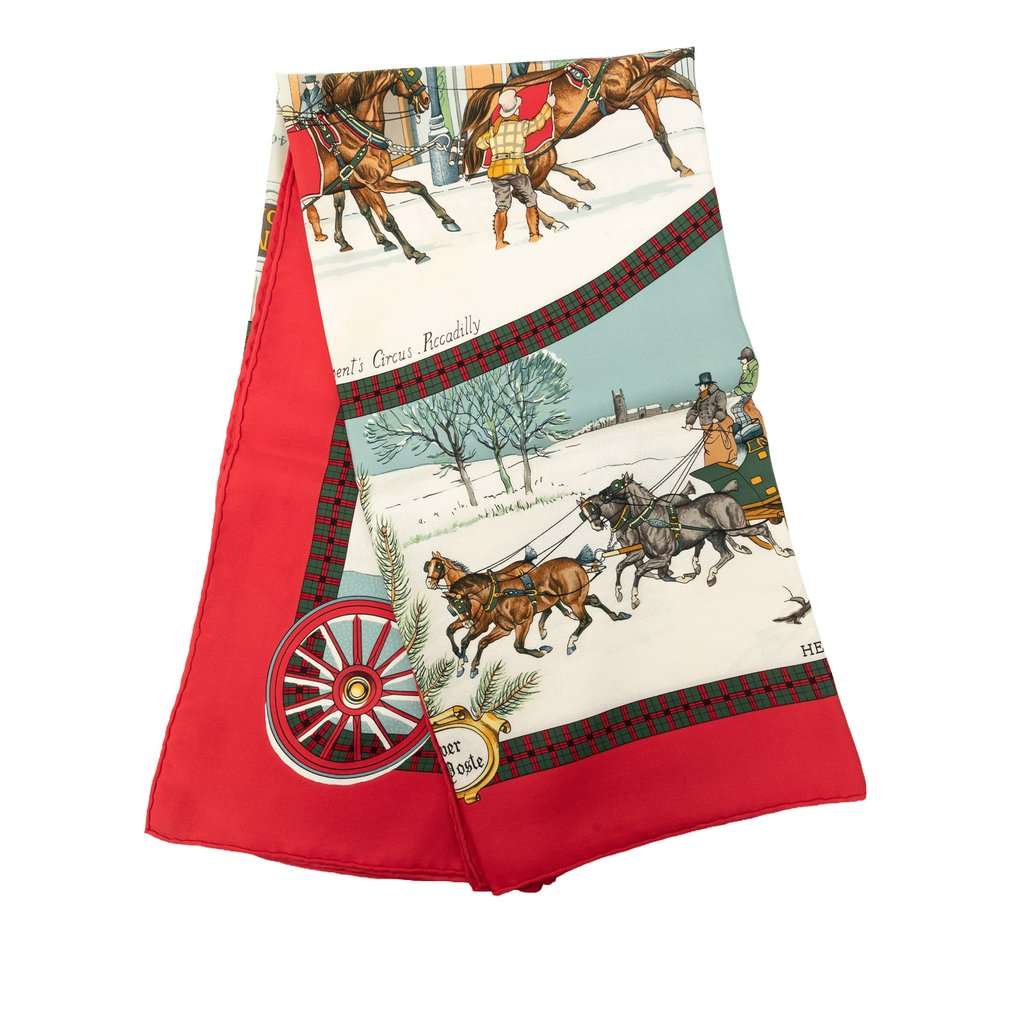 Hermès L Hiver En Poste Silk Scarf 90 Red Very good - Front View