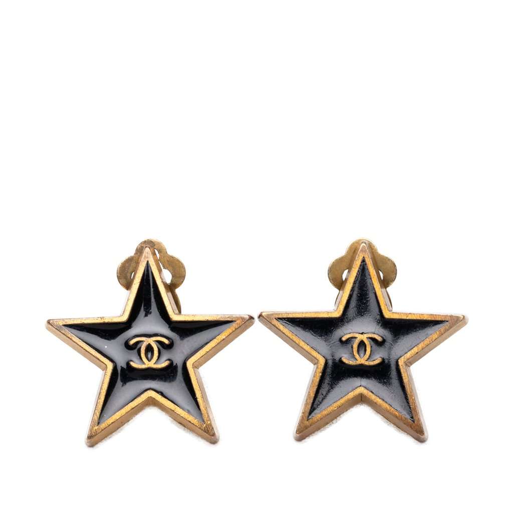 Chanel CC Gold Plated Enamel Star Clip On Earrings Black Metal Very good condition - Front View
