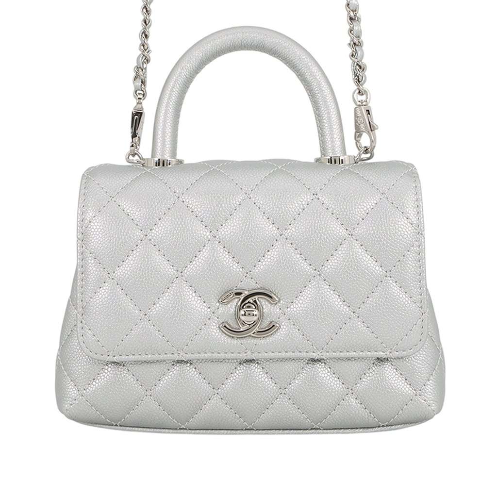 Chanel Extra Mini Metallic Quilted Caviar Coco Top Handle Bag Silver Leather Very good condition - Front View