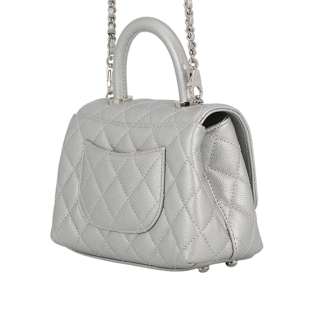 Chanel Extra Mini Metallic Quilted Caviar Coco Top Handle Bag Silver Leather Very good condition - Back View
