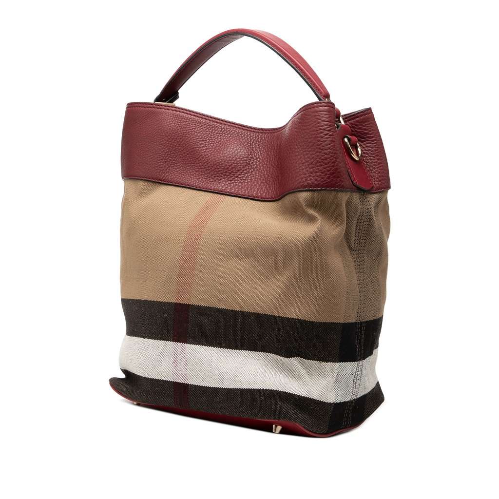 Burberry Medium Mega Check Canvas and Grained Calfskin Ashby Tassel Bucket Bag Brown Very good - Back View