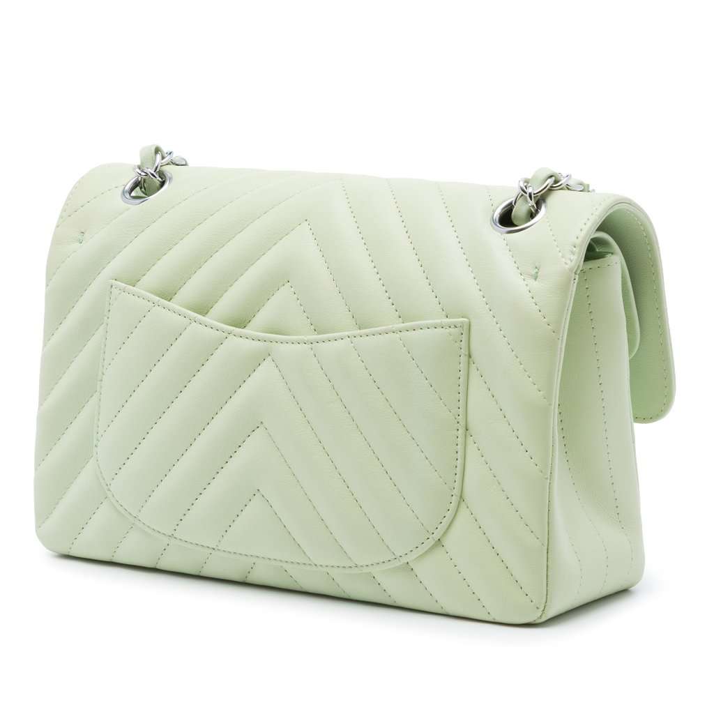 Chanel Small Classic Chevron Lambskin Double Flap Green Leather Very good - Back View
