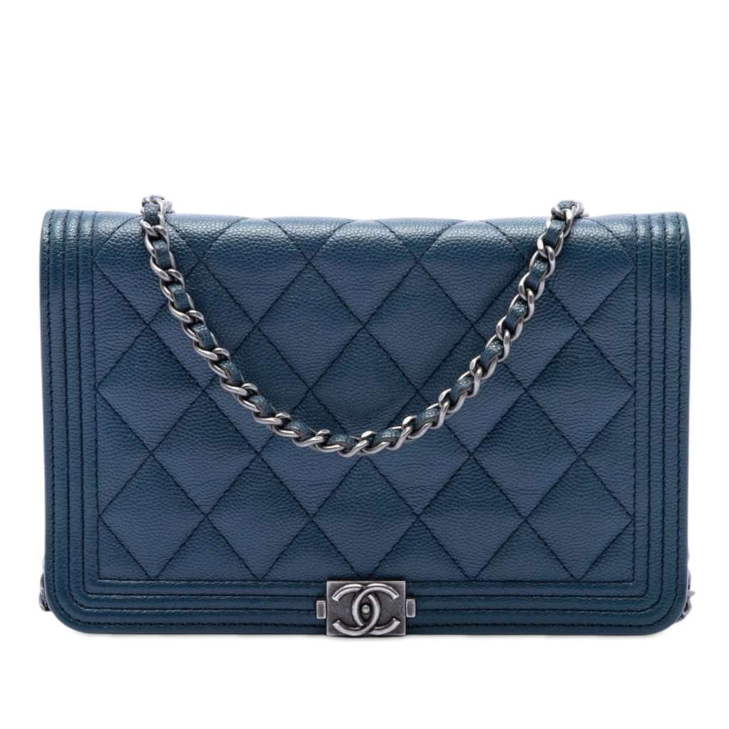 Chanel Quilted Caviar Boy Wallet on Chain Blue Leather Very good - Front View
