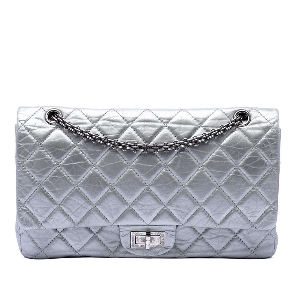Chanel Quilted Metallic Aged Calfskin Reissue 2.55 Double Flap 227 Silver Leather Very good - Front View