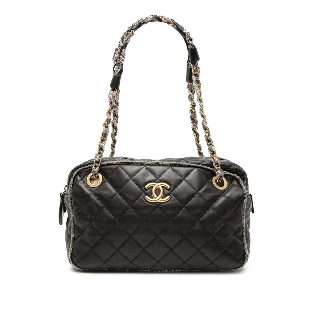 Chanel CC Quilted Lambskin Tweedy Bowler Bag Black Leather Very good condition - Front View