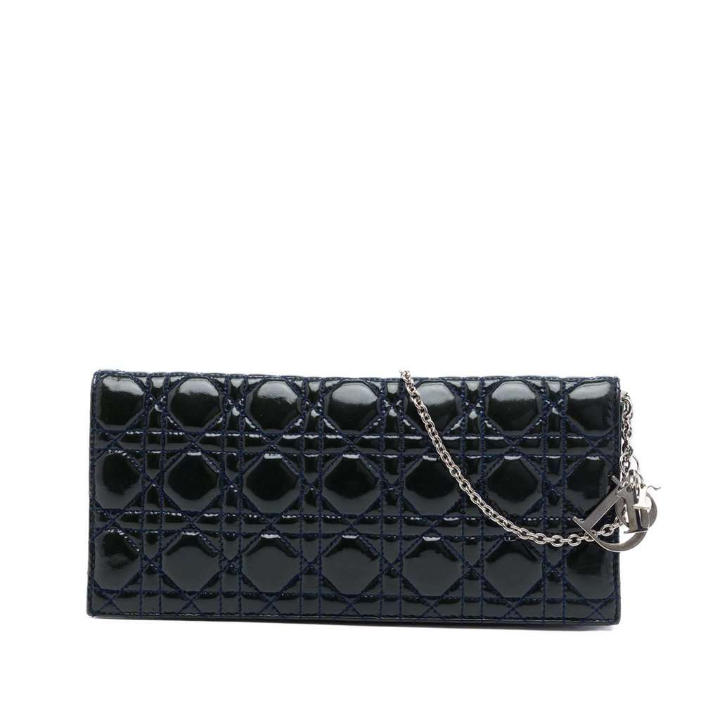 Dior Patent Cannage Lady Dior Clutch with Chain Black Leather Very good condition - Front View