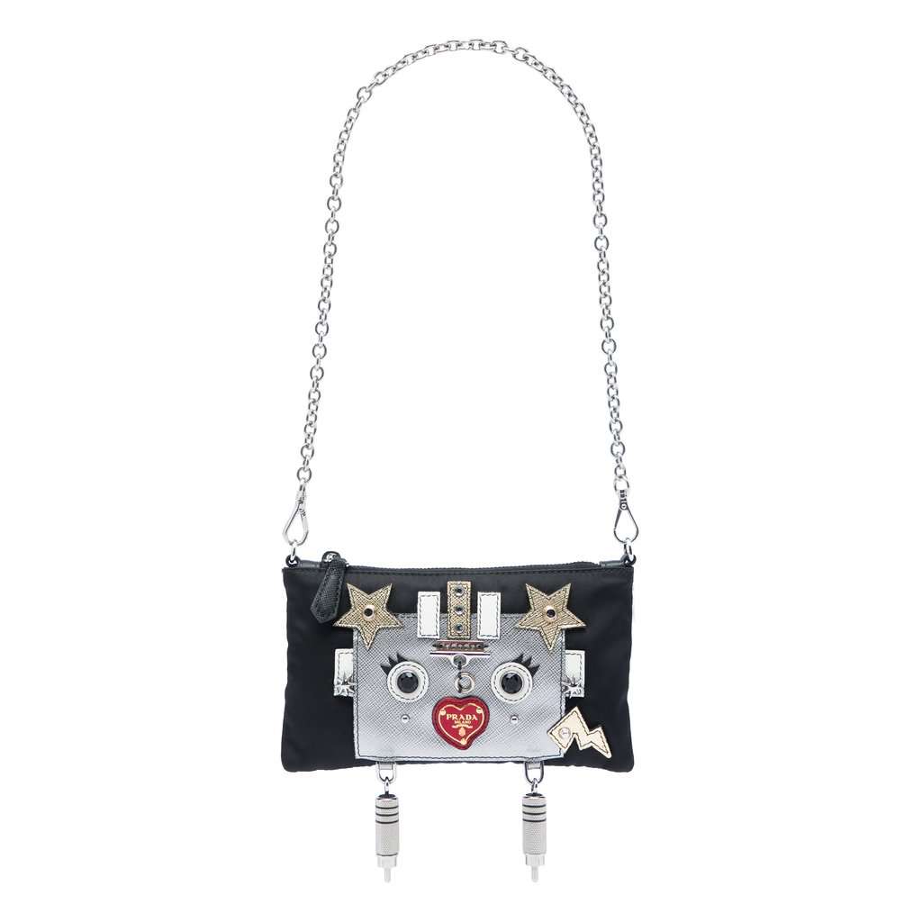 Prada Tessuto Saffiano Robot Chain Shoulder Bag Black Very good - Front View
