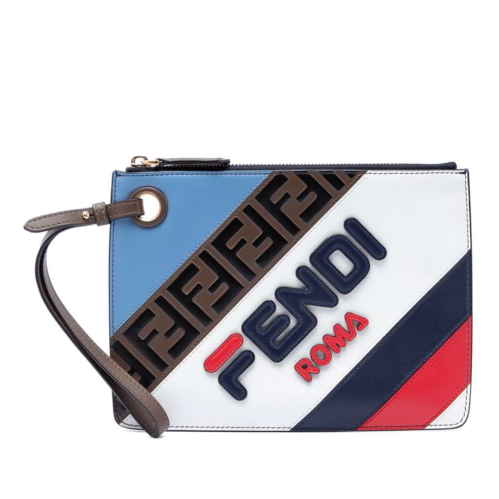 Fendi Fila Mania Multicolor Zucca Embossed Leather Clutch Blue Leather Very good - Front View