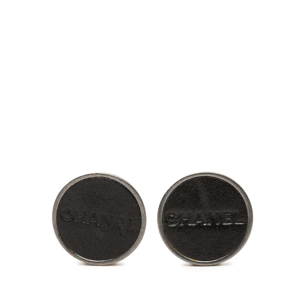 Chanel Brass Leather Logo Clip On Earrings Silver Metal Very good condition - Front View