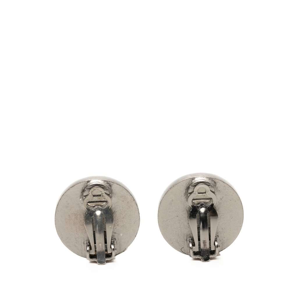 Chanel Brass Leather Logo Clip On Earrings Silver Metal Very good condition - Back View