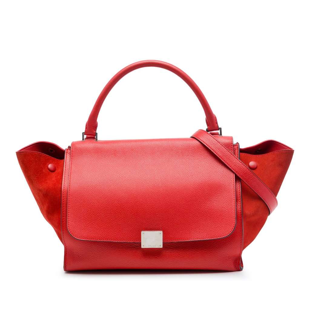 Celine Medium Drummed Calfskin and Suede Trapeze Satchel Red Leather Very good - Front View