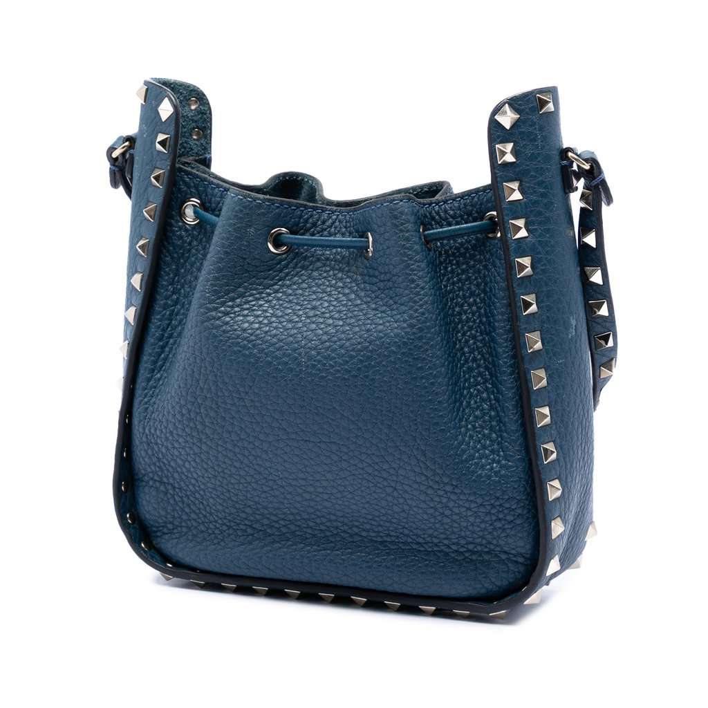 Valentino Small Grained Calfskin Rockstud Bucket Bag Blue Leather Very good - Back View