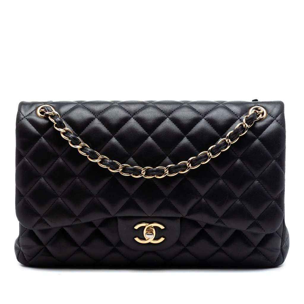 Chanel Jumbo Classic Lambskin Double Flap Black Leather Very good - Front View