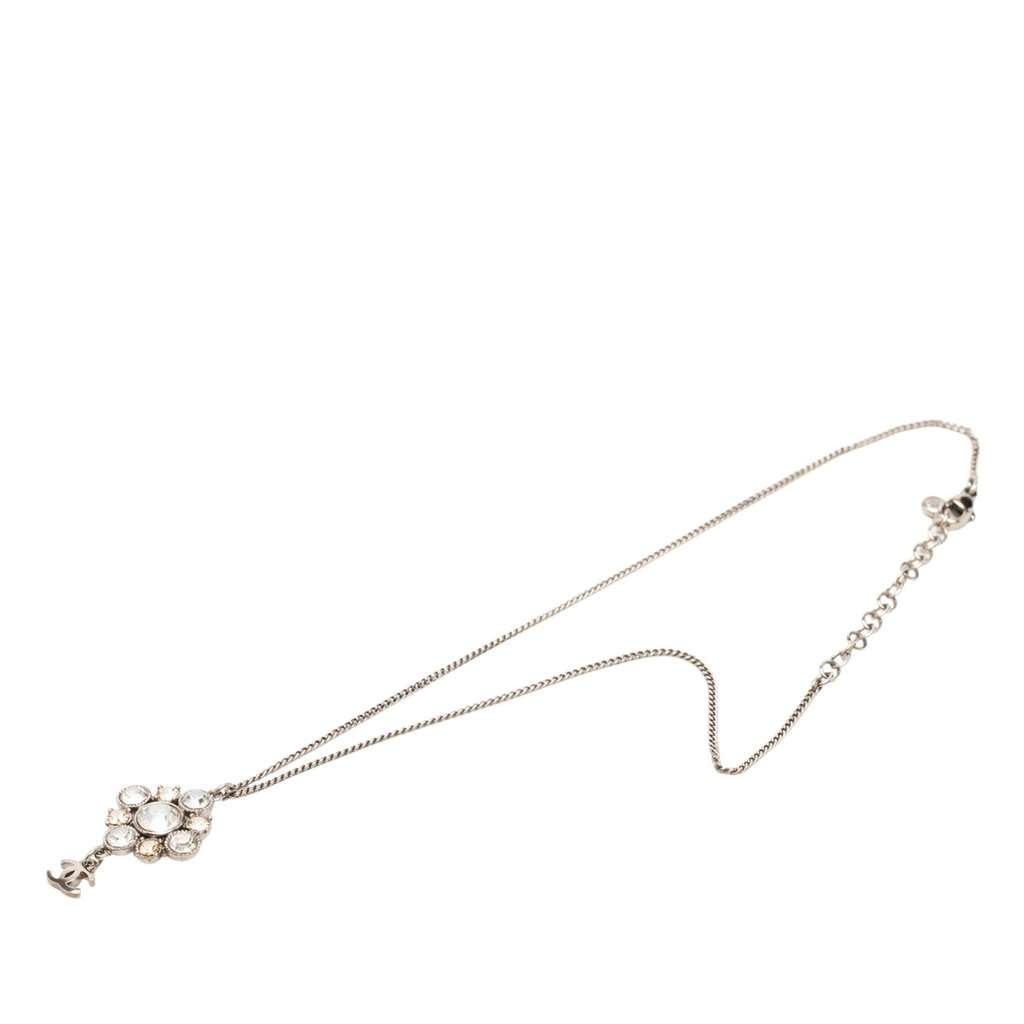 Chanel CC Brass Strass Pendant Necklace Silver Metal Very good - Front View
