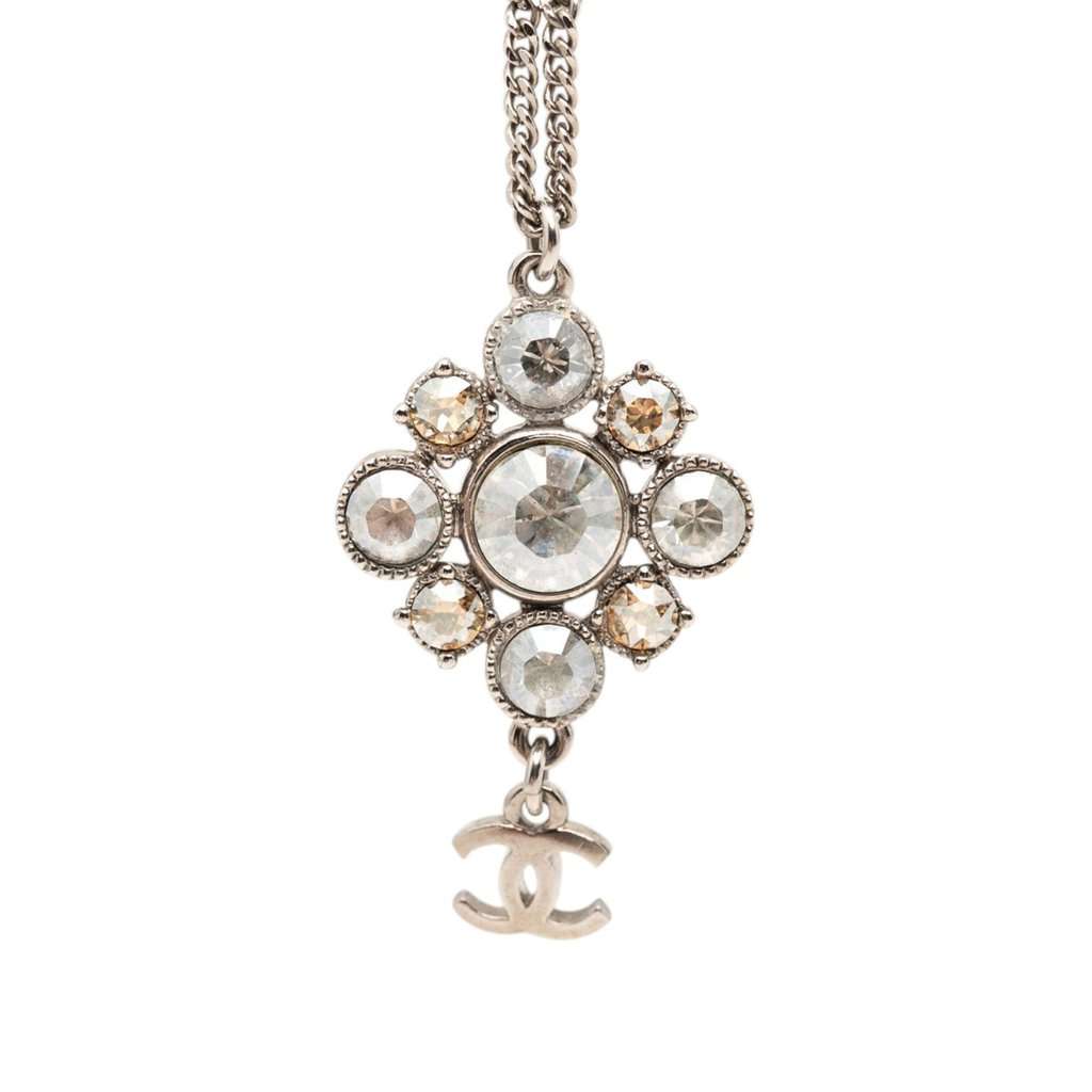 Chanel CC Brass Strass Pendant Necklace Silver Metal Very good - Back View