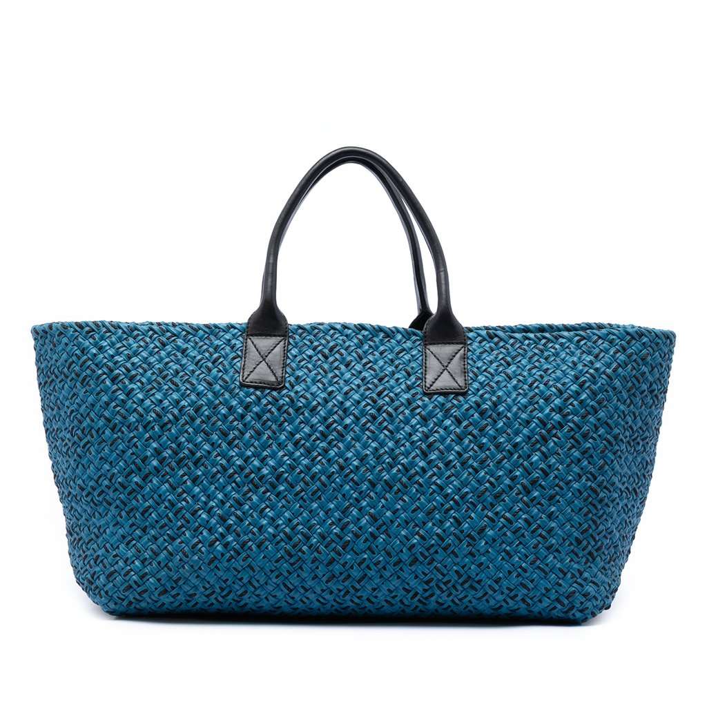 Bottega Veneta Large Lambskin Intreccio Cabat Tote Blue Leather Very good condition - Front View