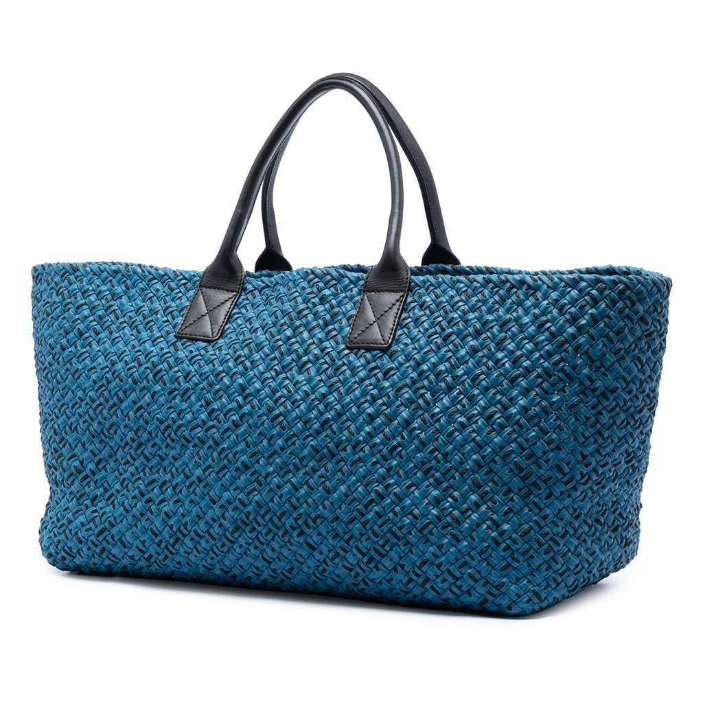 Bottega Veneta Large Lambskin Intreccio Cabat Tote Blue Leather Very good condition - Back View