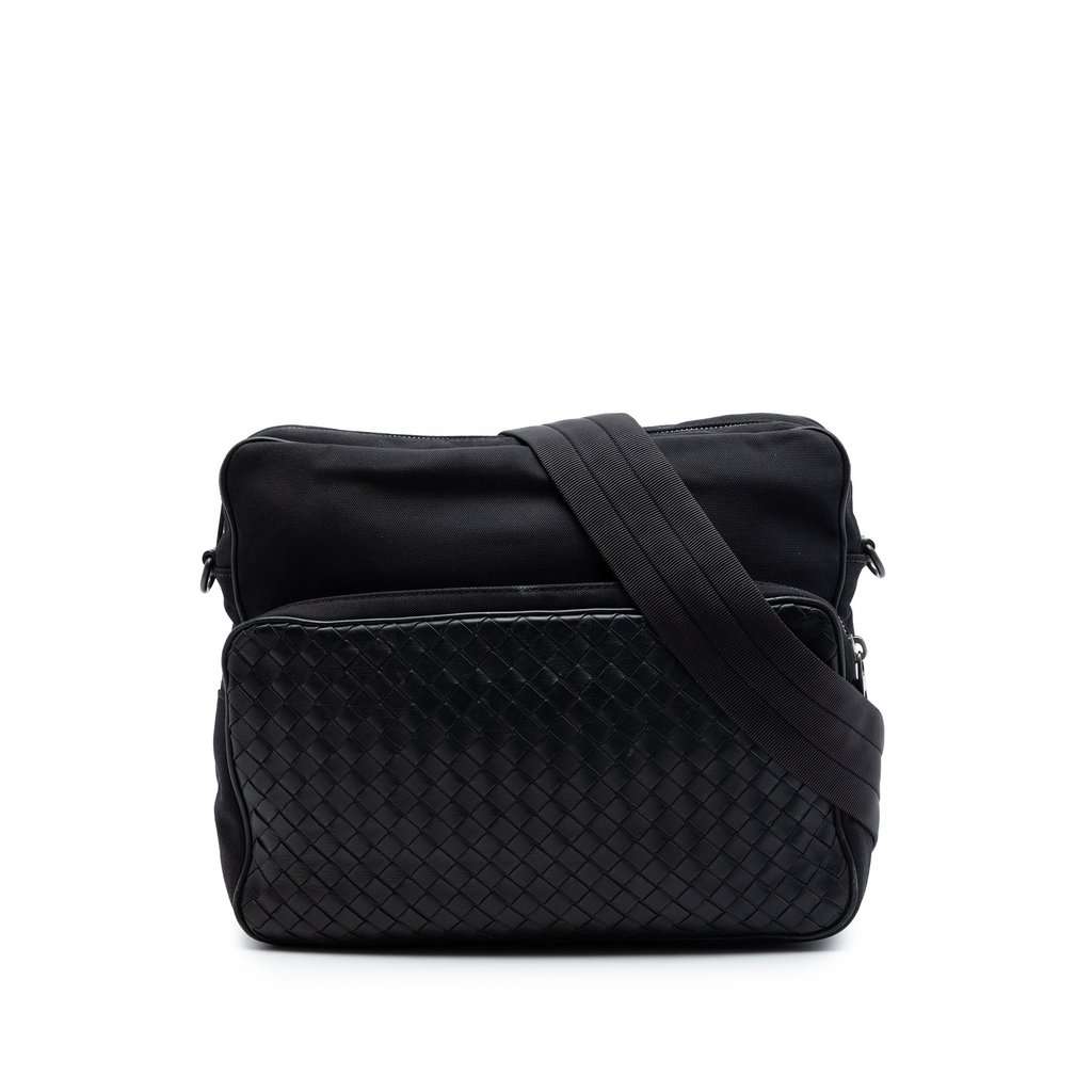 Bottega Veneta Nappa Intrecciato Trimmed Canvas Messenger Bag Black Leather Very good condition - Front View