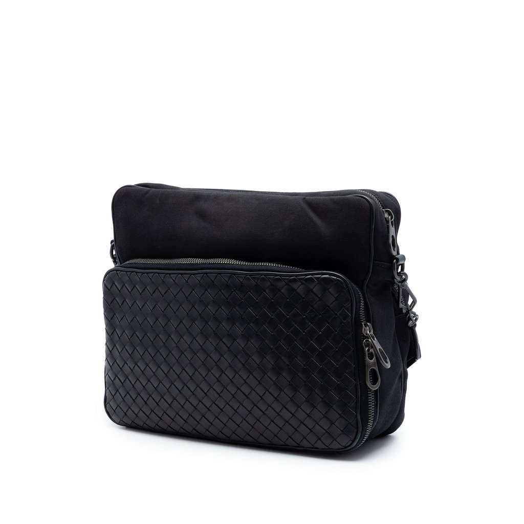 Bottega Veneta Nappa Intrecciato Trimmed Canvas Messenger Bag Black Leather Very good condition - Back View