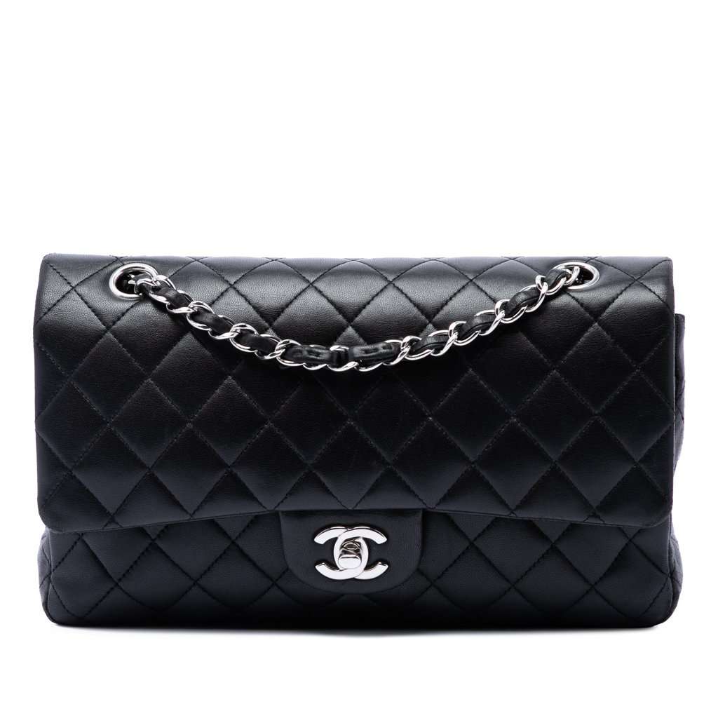 Chanel Medium Classic Lambskin Double Flap Black Leather Very good condition - Front View