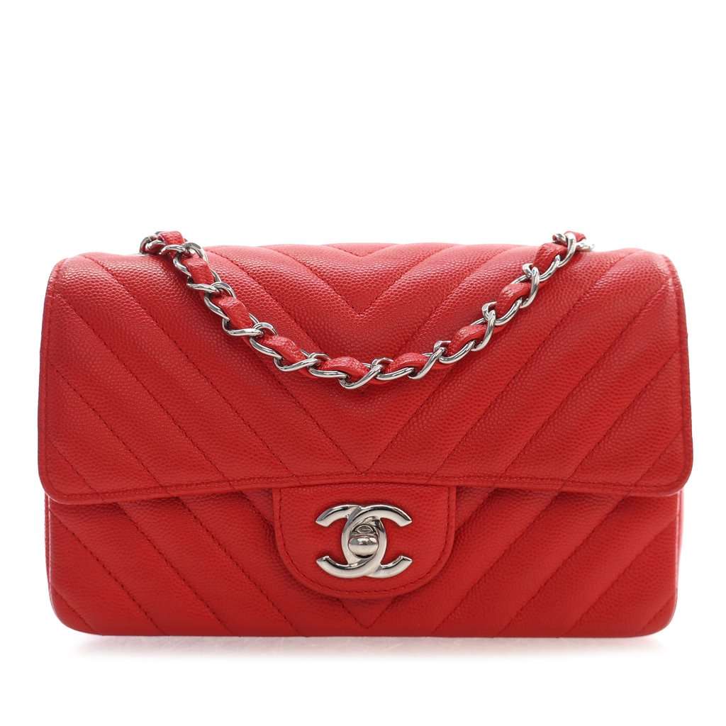 Chanel Mini Rectangular Classic Chevron Caviar Single Flap Red Leather Very good condition - Front View